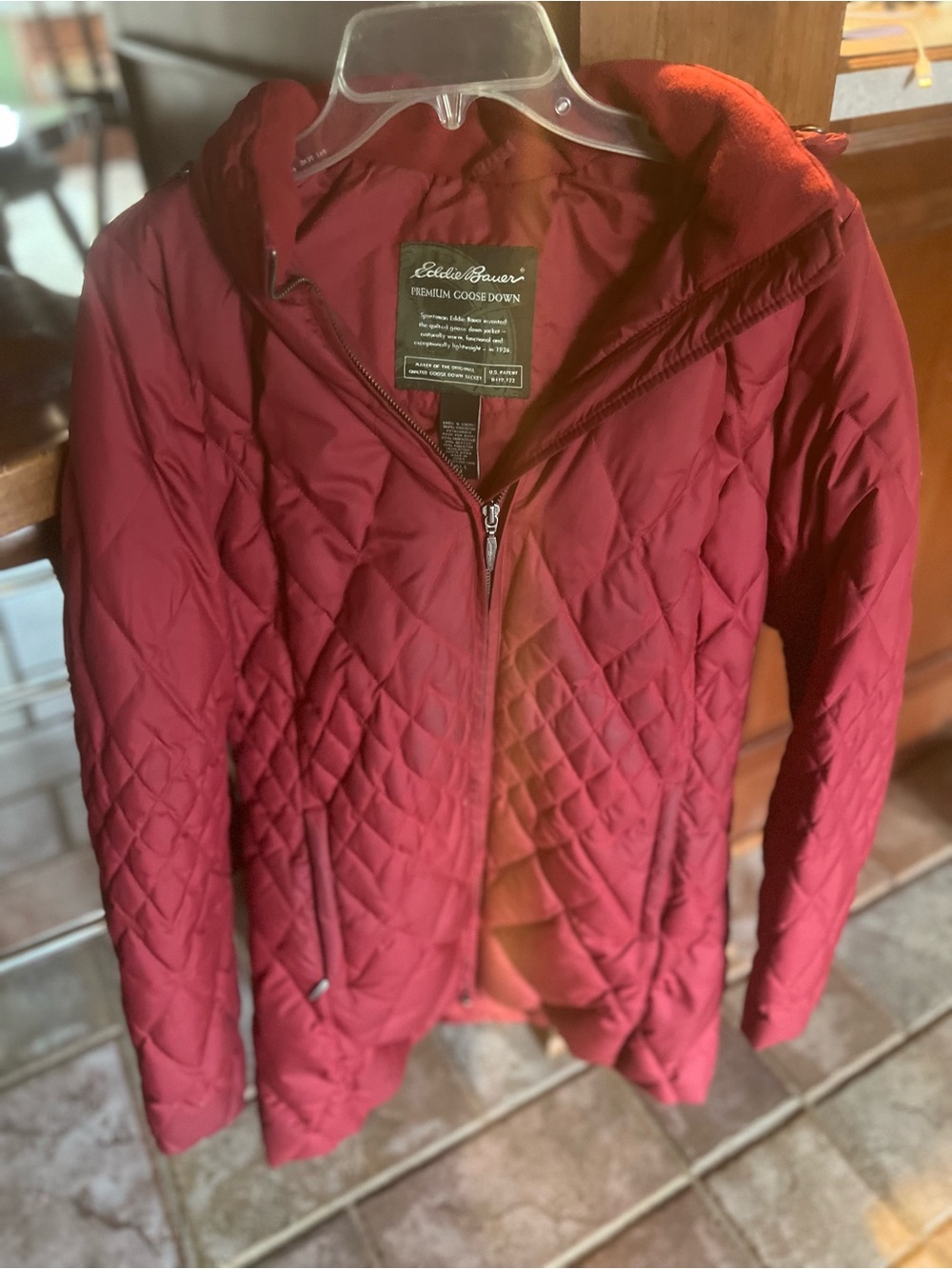 Eddie Bauer Women's Deep Red Quilted Goose Down Puffer Jacket with Hood